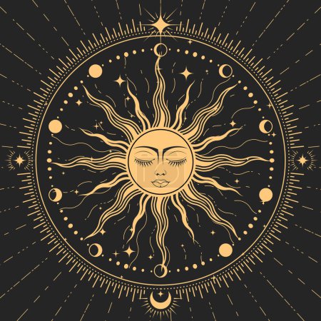 Téléchargez les illustrations : Sleeping sun with closed eyes, astrology symbol, sun with face in ornate frame , tarot magic, vector - en licence libre de droit