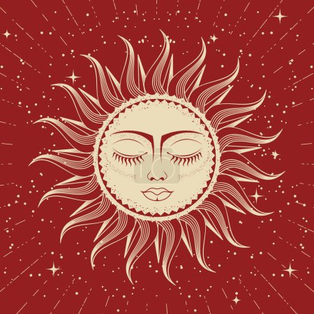 Illustration for Mystical sun with woman face and eyes closed, astrology, divination and magic, esoteric dreaming sun, vector - Royalty Free Image