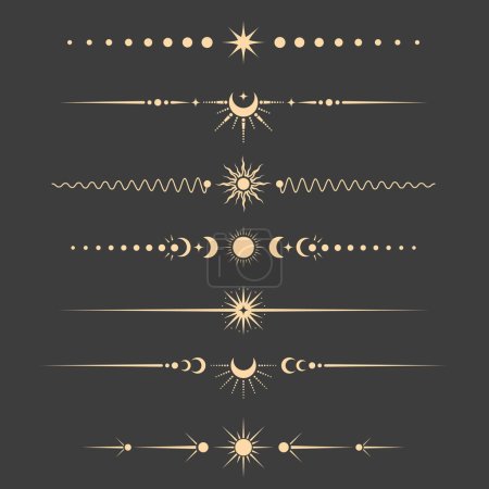 Illustration for Mystical and tarot style book vignettes, dividers and separators, set of esoteric lunar delimiters, vector - Royalty Free Image
