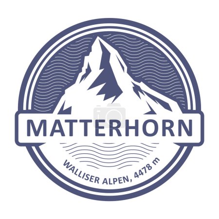 Emblema con sello de Matterhorn, Monte Cervino pico, montaña de los Alpes Peninos, vector