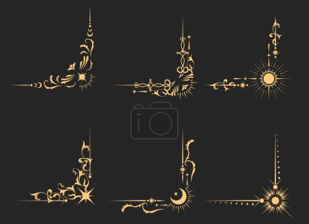 Illustration for Mystical corners and frame borders in tarot style, magic banners and astrology decor, esoteric vignettes, vector - Royalty Free Image