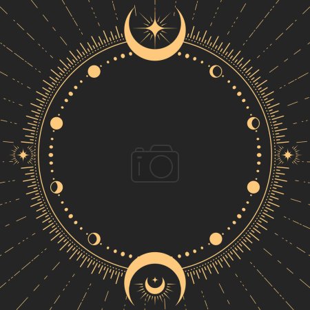Cadre rond mystique avec phases lunaires, décor lunaire bordé de tarot magique et astrologique, vecteur