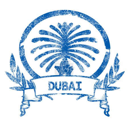 Illustration for Grunge stamp of Dubai with Palm Jumeirah and banner, United Arab Emirates symbol, vector - Royalty Free Image