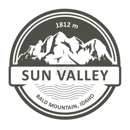 Illustration for Stamp of Sun Valley in Idaho state, emblem with Bald Mountain peak, ski resort, vector - Royalty Free Image