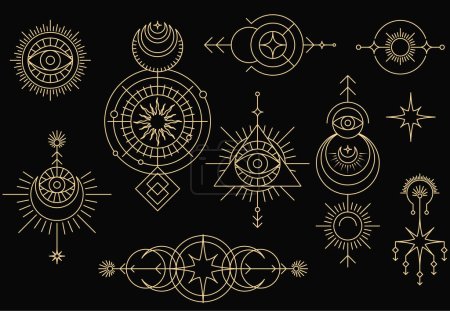 Conjunto de símbolos mágicos místicos, signos ocultistas del tarot y emblemas espirituales con sol, luna y estrellas, ojo que todo lo ve, marcas tribales, vector