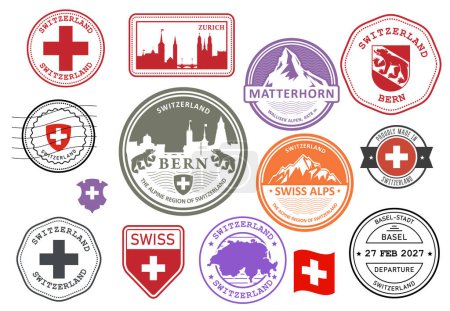 Suiza y los Alpes conjunto de sellos de goma, insignias ciudades suizas, etiquetas y símbolos, emblemas y banderas, vector