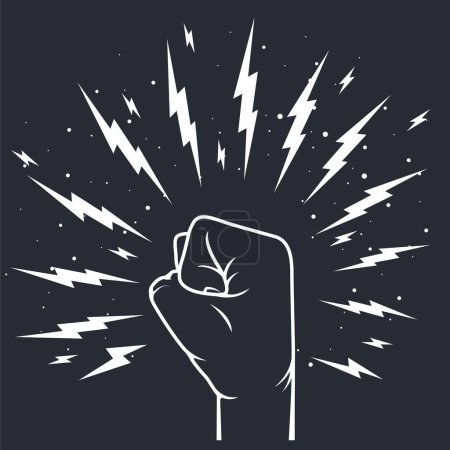 Illustration for Fist hand up with thunder lightning bolts around, power gesture, vector - Royalty Free Image