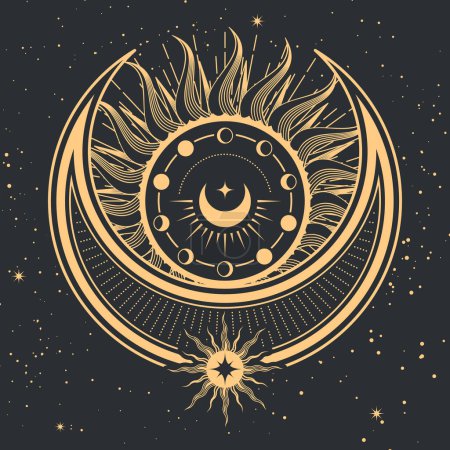 Illustration for Mystical sun and moon, tarot cards magic, sorcery and divination occult symbol, vector - Royalty Free Image