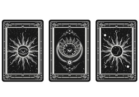 Téléchargez les illustrations : Cartes de tarot verso avec symboles ésotériques et mystiques, oeil, soleil et lune, signes de sorcellerie, vecteur - en licence libre de droit