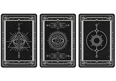 Tarjetas del tarot con símbolos mágicos místicos, signos ocultos, ojo que todo lo ve, marcas tribales ocultas, vector