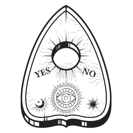 Ouija-Zeiger für Spiritualismussprechtafel, Spiritualismussprechtafel mit okkulten Symbolen, Vektor 