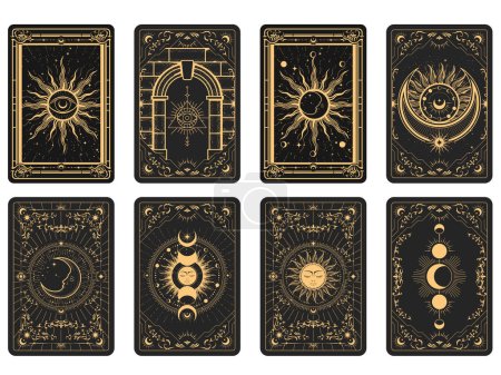 Illustration for Tarot cards batch reverse side, magic frame with esoteric patterns and mystic symbols, sun and moon sorcery, vector - Royalty Free Image