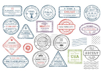 Conjunto de sellos internacionales de visa de viaje, pasaporte de llegada y salida, sello de goma deshilachado, vector
