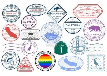 Illustration for California stamps set, postage stamp with symbols of state and map outline, vector - Royalty Free Image