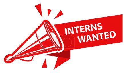 Illustration for Interns wanted sign, banner with old tin megaphone or loudspeaker, vacancy announcement icon, vector - Royalty Free Image