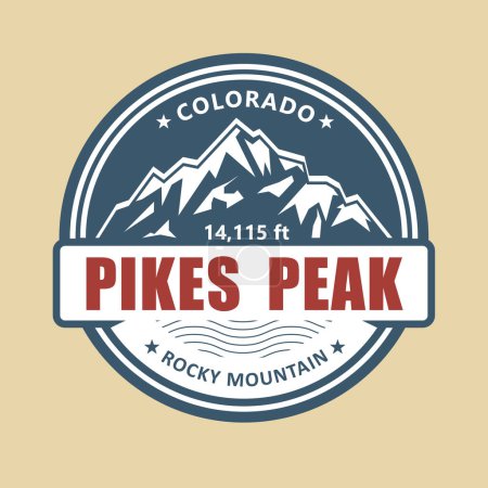 Illustration for Pikes Peak, Colorado symbolic stamp, emblem with snow covered mountains, vector - Royalty Free Image