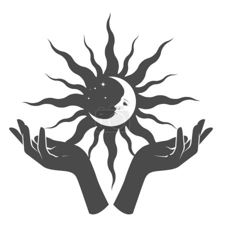 Ilustración de Las manos de la mujer sostienen el sol negro con la luna dentro en las palmas, ocultismo y misticismo, hechizos mágicos y brujería, vector - Imagen libre de derechos