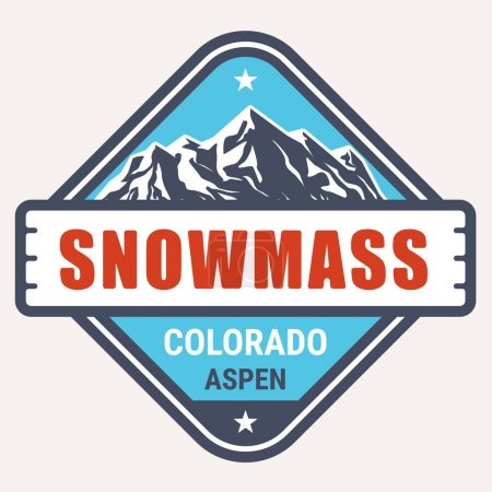 Foto de Pueblo Snowmass, sello de la estación de esquí de Colorado, emblema de Aspen con montañas cubiertas de nieve, vector - Imagen libre de derechos