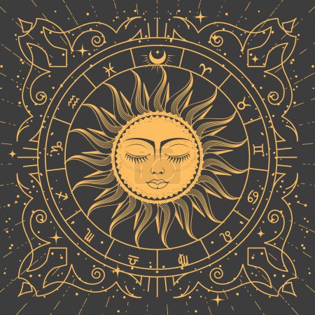 Téléchargez les illustrations : Cadre décoratif de style tarot avec soleil magique, signes du zodiaque et motifs ésotériques, cadre mystique, vecteur - en licence libre de droit