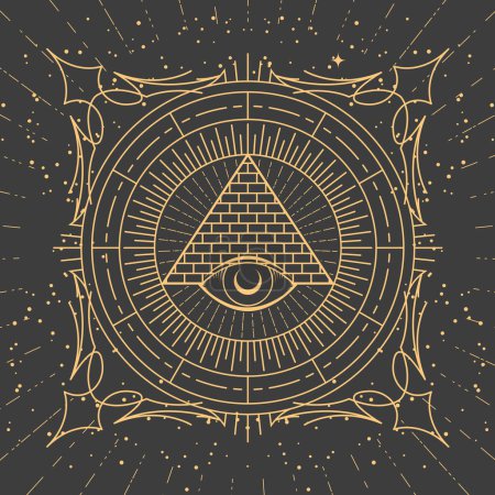 Foto de Marco ornamental con pirámide y ojo que todo lo ve, signos masónicos y patrones esotéricos estilo tarot, marco místico, vector - Imagen libre de derechos