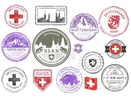 Foto de Suiza conjunto de sellos de goma, ciudades suizas e insignias de los Alpes, etiquetas y símbolos, emblemas y banderas, vector - Imagen libre de derechos