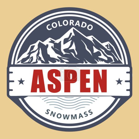 Foto de Etiqueta de Aspen, aldea de la nieve en el emblema de Colorado, sello de la estación de esquí del windter, emblema de Aspen con las montañas cubiertas de nieve, vector - Imagen libre de derechos