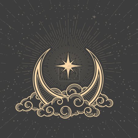 Téléchargez les illustrations : Demi-lune mystique sur nuages et étoile polaire guide, croissant magique en style tarot, symbole ésotérique et astrologique, vecteur - en licence libre de droit
