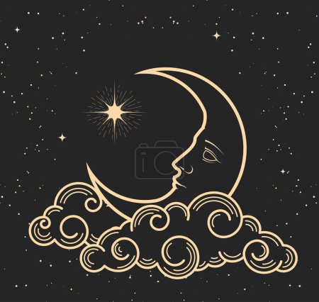 Téléchargez les illustrations : Demi-lune mystique avec le visage dort sur les nuages, croissant et étoile polaire guide, style tarot symbole astrologie magique, vecteur - en licence libre de droit