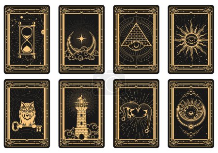Foto de Tarot tarjetas lote reverso, marco mágico con símbolos esotéricos y místicos, sol y faro, la luna y la pirámide hechicería, vector - Imagen libre de derechos