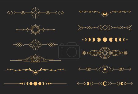 Illustration for Mystical book vignettes in tarot style, esoteric dividers and separators set, magic delimiters, vector - Royalty Free Image