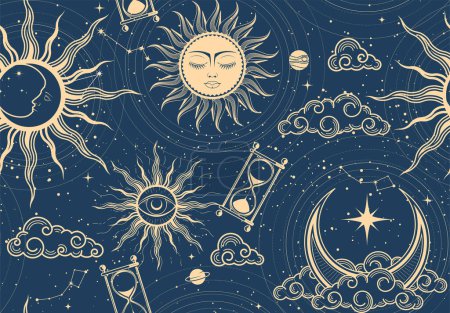 Foto de Patrón espacial místico inconsútil con sol, luna y estrellas, fondo del cosmos en estilo tarot, cielo mágico astrología, ornamento esotérico abstracto, vector - Imagen libre de derechos