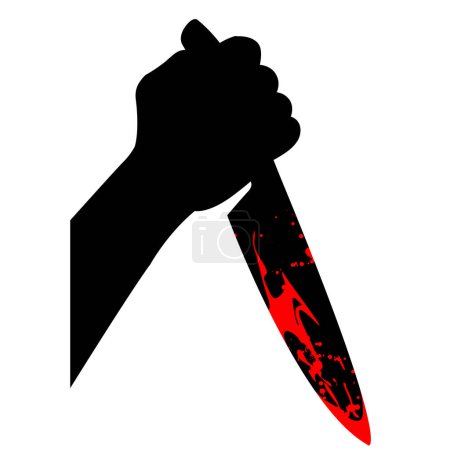 Silhouette of bloody knife in hand, murder and crime, assault with knife, vector 