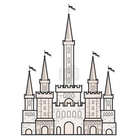 Illustration for Medieval fairy-tale castle with towers in romanticism style, medieval cartoon citadel, vector - Royalty Free Image
