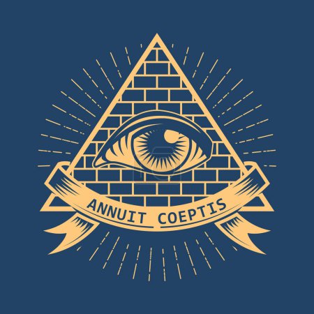 Foto de Pirámide de conspiración con ojo que todo lo ve, signo de masón en el estilo del tarot, símbolo illuminati, vector - Imagen libre de derechos