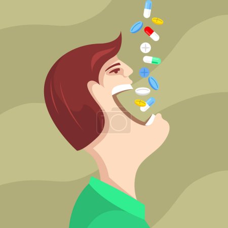 Foto de Hombre tragar pastillas, tomar el medicamento, cabeza de hombre con la boca abierta comer pastillas, vitaminas y aditivos alimentarios, vector - Imagen libre de derechos
