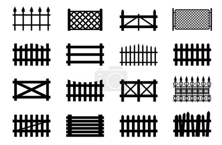 Fences set, picket, wooden and wire garden fence, park or yard obstruction, vector
