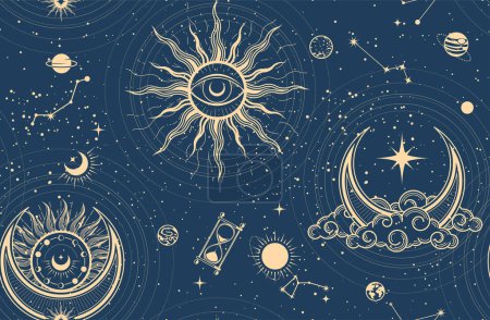 Foto de Patrón místico inconsútil con sol, luna y estrellas, fondo del cosmos en estilo tarot, espacio y astrología abstracta cielo mágico, vector - Imagen libre de derechos