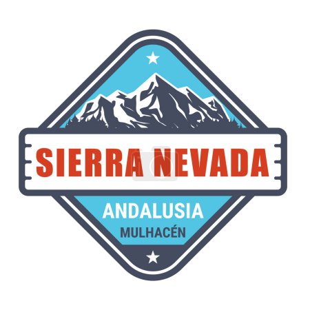 Foto de Sierra Nevada sello de la estación de esquí, España emblema de la estación de esquí con montañas cubiertas de nieve, Andalucía, vector - Imagen libre de derechos