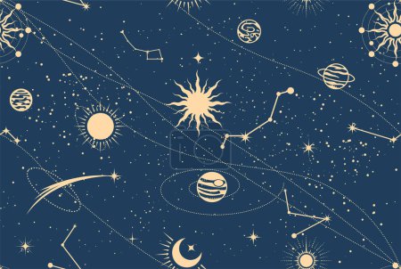 Foto de Patrón espacial místico sin fisuras, fondo del cosmos en estilo tarot, cielo mágico astrología con planetas y estrellas, vector - Imagen libre de derechos