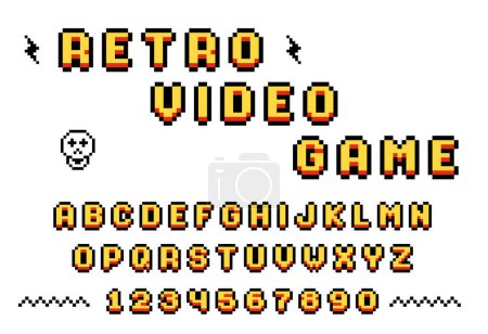 Foto de Fuente de píxeles retro del viejo videojuego de ordenador, letras y números de 8 bits, alfabeto de píxeles, vector - Imagen libre de derechos