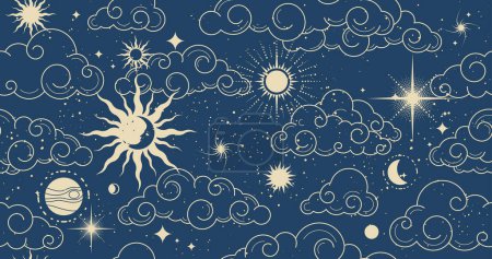 Foto de Patrón espacial místico sin fisuras con nubes, astrología fondo mágico en estilo tarot, cielo nocturno con nubes y luna, vector - Imagen libre de derechos