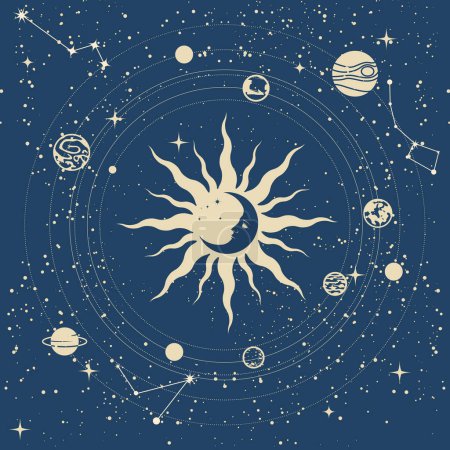 Magisches Universum, Galaxie, kreisende Planeten um die Sonne, Nachthimmel, Weltraum und Astrologie Zauberei, Vektor