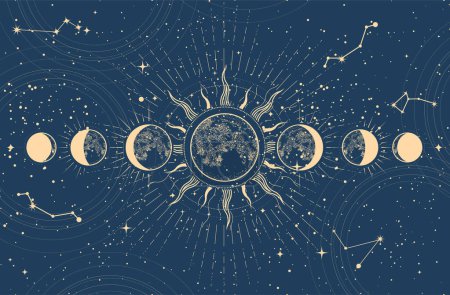 Mondphasen und Mondfinsternis, mystischer Mond im All, Astrologie und Horoskophintergrund, Oneiromantik, Vektor