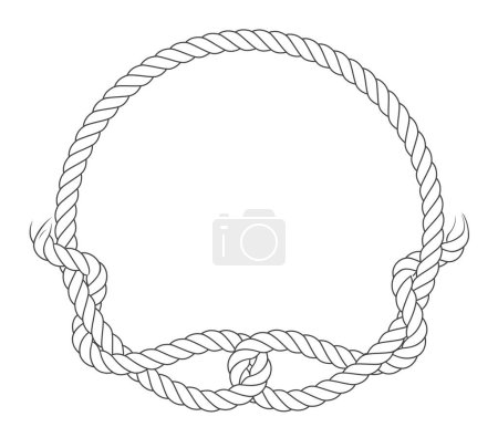 Foto de Marco de cuerda redonda con lazos de nudo, círculo de cuerda con terminaciones irregulares, nudo del pescador, vector - Imagen libre de derechos