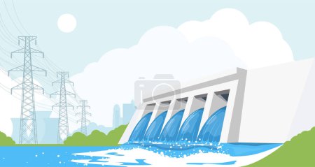Illustration for Hydroelectric power plant, river dam, hydropower energy generation reservoir, high-voltage power lines and city, power supply, vector - Royalty Free Image