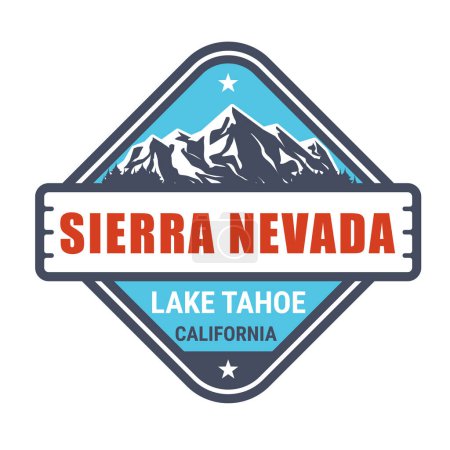 Sierra Nevada USA mountain range, California, emblem with lake tahoe and snow covered mountains, vector