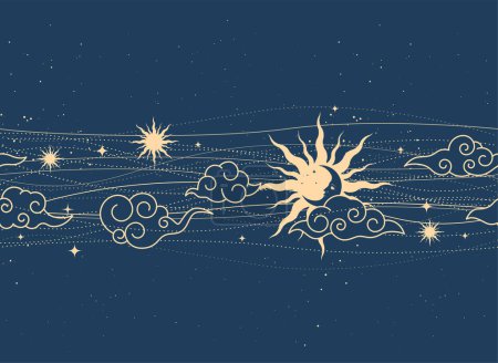 Foto de Patrón espacial místico inconsútil con sol, luna y nubes, líneas mágicas de astrología, fondo del cosmos en estilo tarot, cielo mágico, vector - Imagen libre de derechos