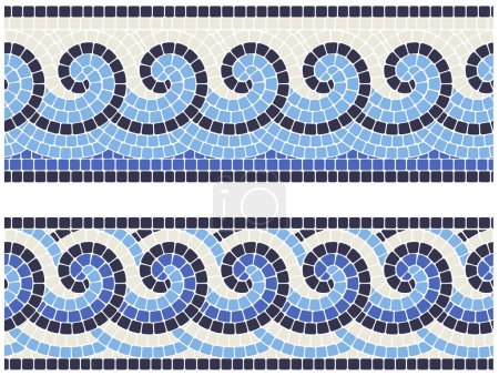 Seamless mosaic border with sea waves in portuguese style, decorative tiling with curly greek ornament, vector