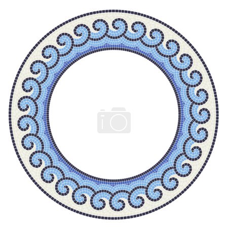 Round mosaic frame with sea waves, circle in portuguese style with decorative wavy curls, greek ornament, vector