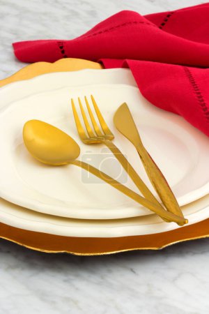 Photo for Beautiful table setting, an colorful and yet elegant way to set your table. - Royalty Free Image